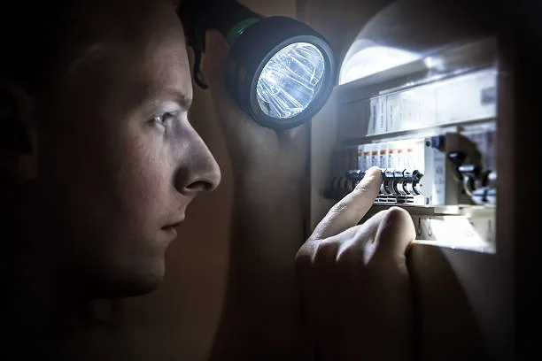 Electrician checking circuit breakers by torchlight at a switchboard during a power outage